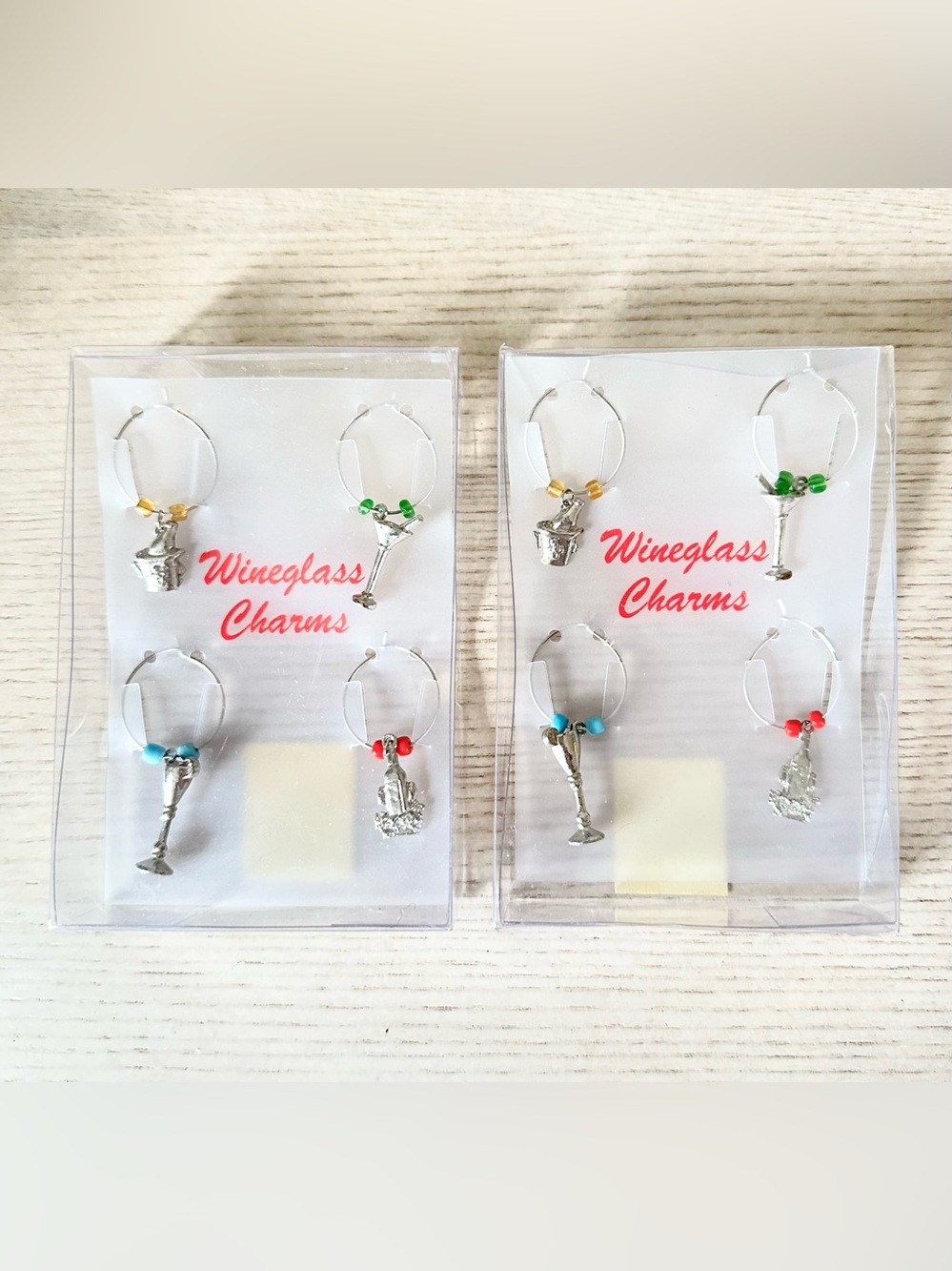 Vtg 2004 Set of 2 Wine Glass Charm Packs (8 Total)- Silver Metal Drink Marker